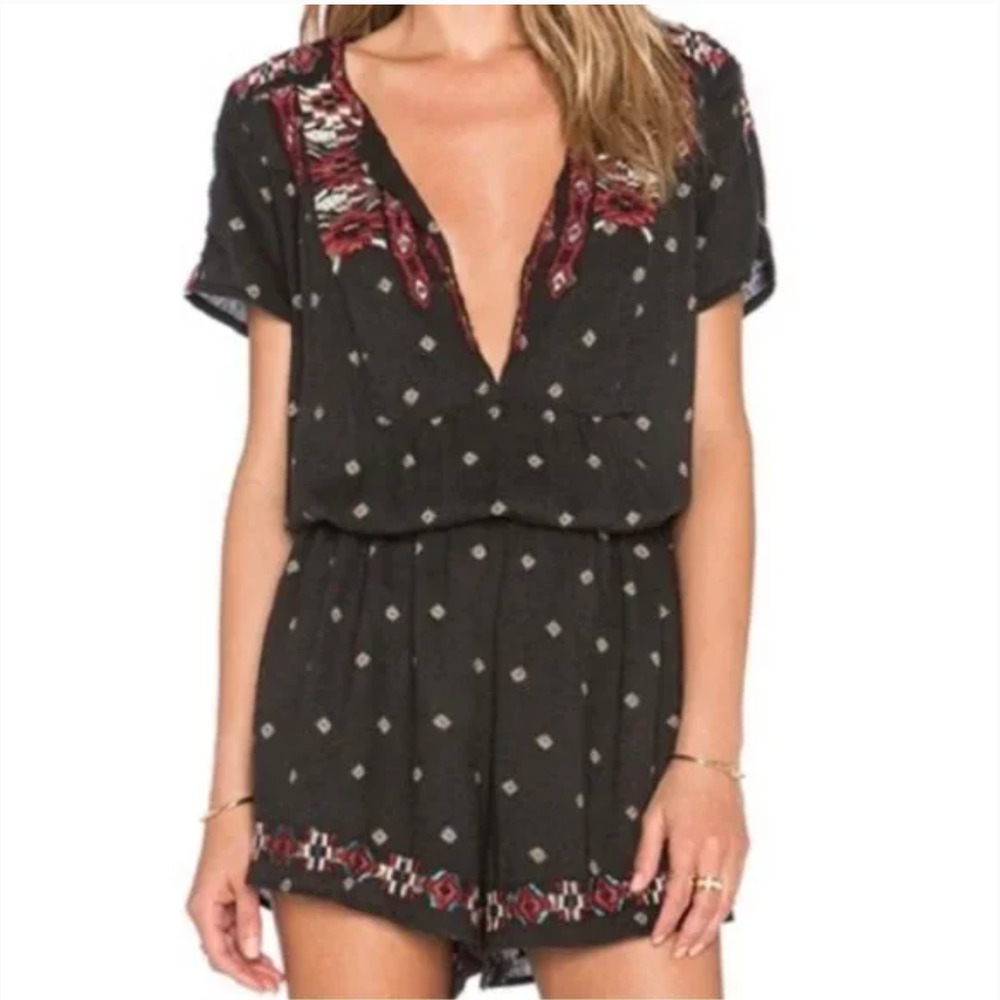 Free People Black and Red Patterned Romper